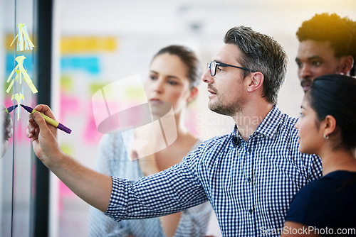 Image of Collaboration, brainstorming and team building or design a creative idea together in meeting and planning a strategy. Management, teamwork and group of employees writing vision for a startup company