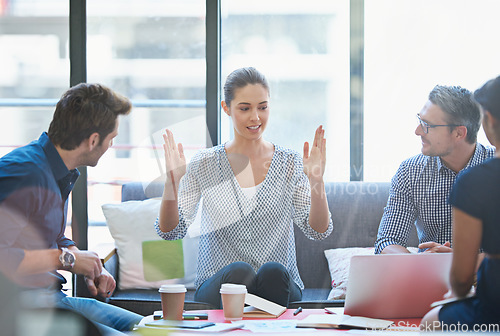 Image of Group of creative people in meeting, strategy and team project management at advertising agency. Communication, collaboration and collaboration, men and women in discussion, design process at startup