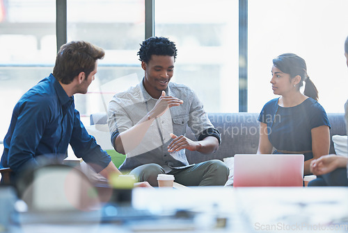 Image of Planning, training and goal with black man in business meeting for strategy, project management or creative. Entrepreneur, brainstorming and teamwork with people in startup for design collaboration