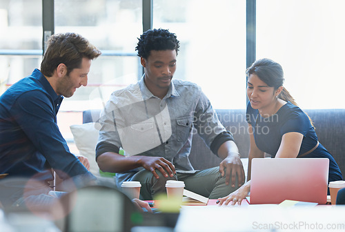 Image of People in creative meeting, brainstorming and team project management at advertising agency. Communication, collaboration and group strategy, men and woman in discussion, design process at startup