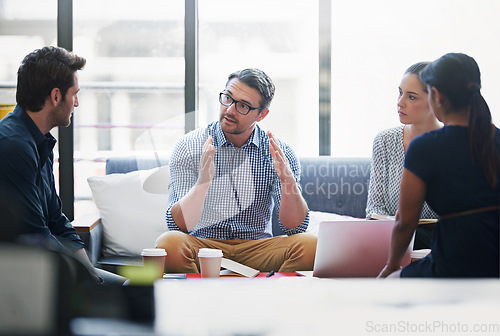 Image of Planning, training and mentor with business people in meeting for strategy, project management or creative. Entrepreneur, brainstorming and teamwork with employees in startup for design collaboration