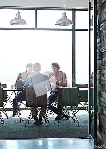 Image of Meeting, brainstorming and team of business people in the office boardroom planning a project. Collaboration, professional and group of male employees in a creative discussion in the modern workplace