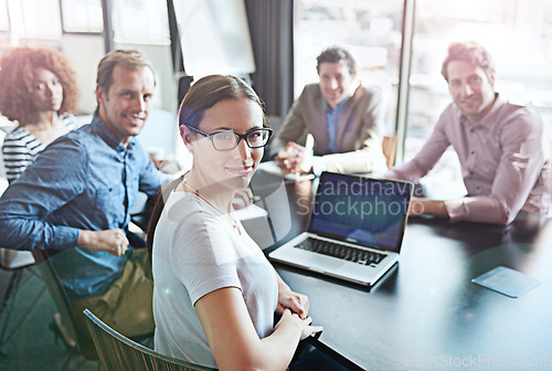 Image of Management, laptop and portrait of business team happy for success in a meeting of a tech agency or startup. Teamwork, group and corporate people planning a growth strategy, project and proposal