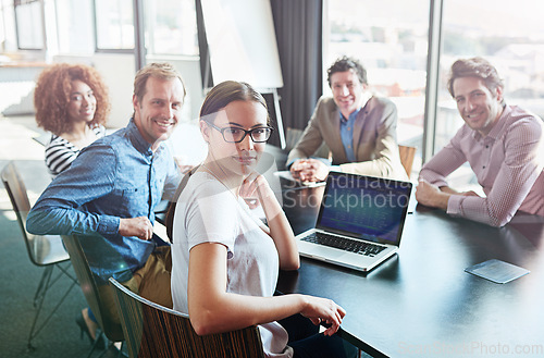 Image of Meeting, boardroom and portrait of business team in collaboration for growth of a tech agency or startup. Teamwork, group and corporate people planning or working on a strategy, project and proposal