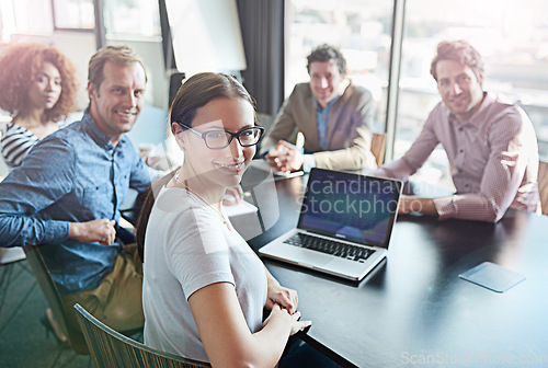 Image of Meeting, teamwork and portrait of business woman leader and team happy for success in a tech agency or startup. Teamwork, group and corporate people planning a growth strategy, project and proposal