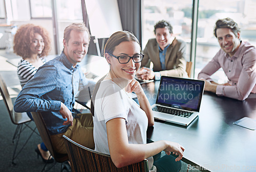 Image of Meeting, boardroom and portrait of business development team happy for success in a tech agency or startup. Teamwork, group and corporate people planning a growth strategy, project and proposal