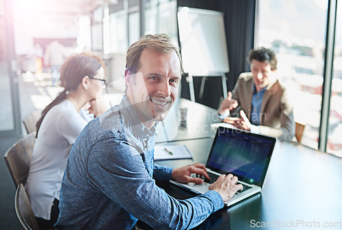 Image of Happy, meeting and portrait of a businessman with a laptop for notes, email or planning at work. Smile, teamwork and a corporate worker with a computer for project management collaboration in office