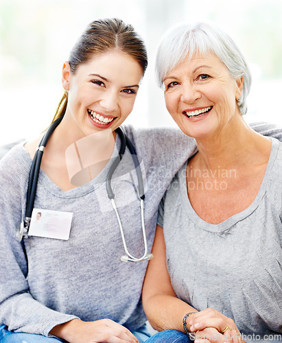 Image of Senior care, happiness and portrait of nurse with old woman in nursing home, help and support from healthcare. Retirement, caregiver service and elderly patient with healthy smile on face in lounge.