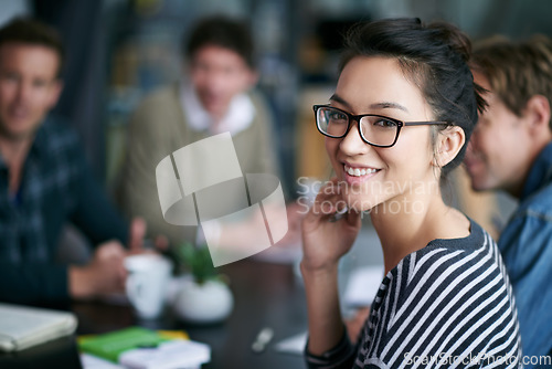 Image of Portrait, team and woman in a meeting, discussion and collaboration with professional, teamwork and happiness. Face, female person or employee with negotiation, support and solidarity with motivation