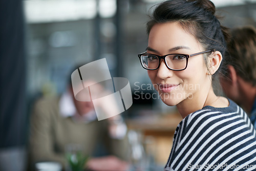 Image of Smile, portrait and a woman in a meeting at work for business, workshop or a seminar. Happy, space and a designer in the workplace for creative collaboration, expert teamwork and working together