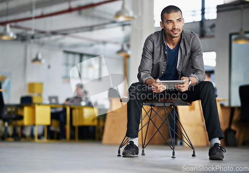 Image of Creative, startup or man with a tablet, thinking or planning with ideas, opportunity or solution. Male person, business owner or entrepreneur with technology, problem solving with a decision or smile