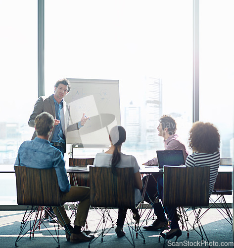 Image of Meeting, education and whiteboard with a business man in the boardroom for training or coaching presentation. Workshop, management or leadership with a male employee teaching to his team in an office