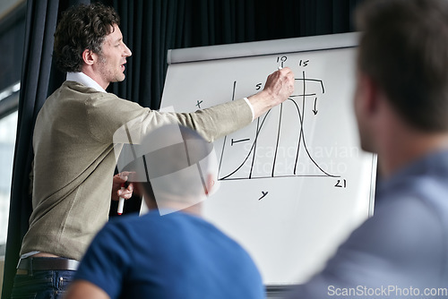 Image of Man, presentation and writing on chart, board and group of business people at financial workshop. Presenter, ceo and pen for graph, coaching or brainstorming for finance, stock and progress at job