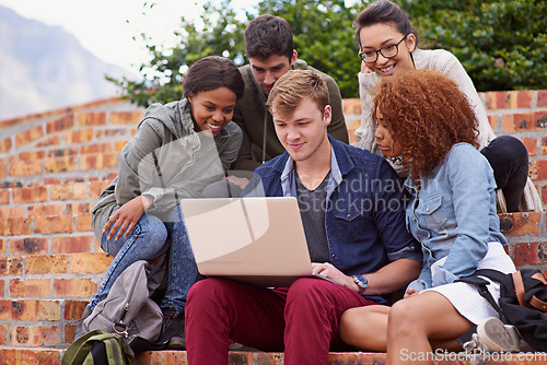 Image of Laptop, university students and group studying, teamwork and planning schedule, project ideas or collaboration. Happy diversity people, youth or friends on college campus steps for online education