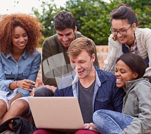 Image of Laptop, university students or excited people with wow for news, results or college results for online application. Happy diversity, youth or friends on school campus with computer for education