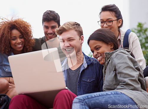 Image of Laptop, laughing and group of students outdoor on university e learning app, online class or remote studying. Happy diversity people, youth or friends on college campus, computer or digital education