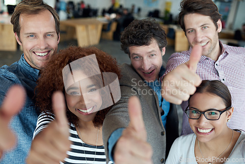 Image of Portrait, thumbs up or business people smile in agreement, support or collaboration together in office. Startup community team, happy or group of employees with thumb up, yes or like hand gesture
