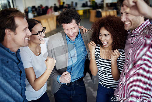 Image of Teamwork, winner or excited business people in celebration of sales goals, winning victory or target. Wow, motivation or happy employees celebrating deal, success or achievements together in office