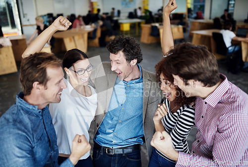Image of Teamwork, success or happy business people in celebration of sales goals, winning victory or target in office. Winners, motivation or excited employees celebrating deal or achievements in workplace