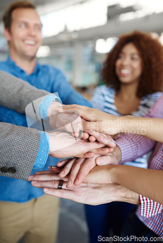 Image of Blur, teamwork or hands of business people in stack for mission goals, collaboration or support. Team building, closeup or happy employees in meeting with smile, solidarity or motivation together