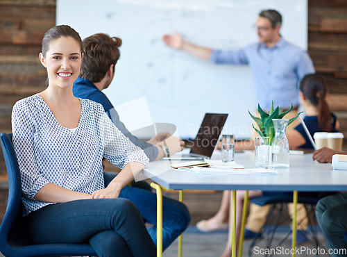 Image of Happy business meeting, portrait and office woman listening to speaker presentation, report or training workshop. Cooperation, teamwork and corporate people, group or team work on project planning