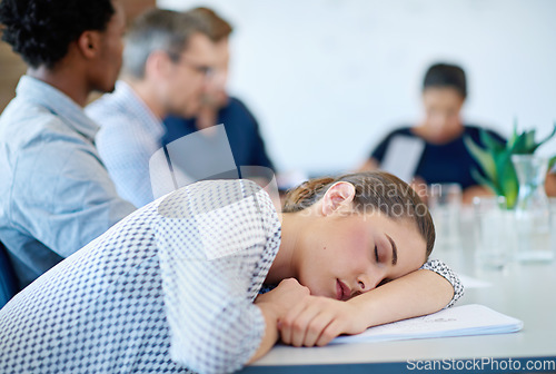 Image of Business meeting, sleeping problem and woman tired, fatigue or exhausted after overtime, work or project. Dream sleep, insomnia or overworked female analyst with mental health risk, crisis or burnout