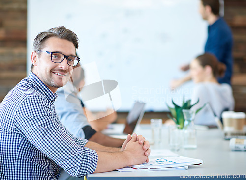 Image of Project meeting, employee portrait and happy man listen CEO presentation, sales pitch or investment ideas. Collaboration, strategy and office businessman, client or team work on group financial plan