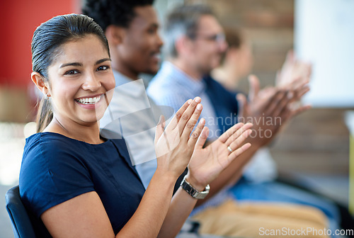 Image of Audience portrait, group applause and happy woman, business team or staff at presentation, seminar or trade show. Smile, celebrate and row of tradeshow people clapping for speaker, speech or support