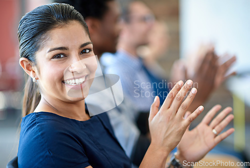 Image of Face portrait, audience applause and happy woman, business team or crowd at presentation, event or trade show. Community, celebrate or row of people clapping for speaker, speech or support motivation