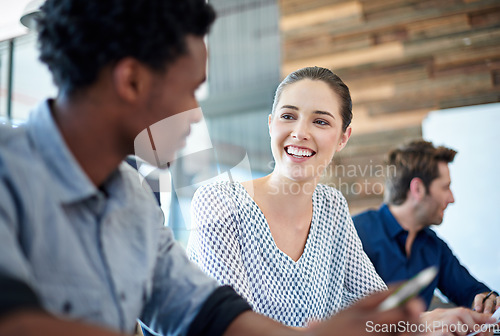 Image of Business meeting, diversity and happy woman discussion, conversation and talking to work colleague, staff or employee. Cooperation, teamwork and corporate people, group or team work on agency project