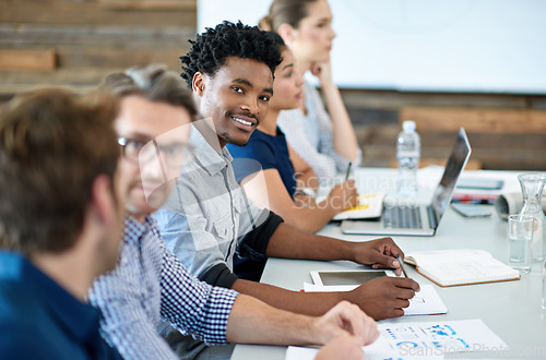 Image of Business meeting smile, portrait and black man, employee or financial analyst team doing review of company funding. Happy, teamwork or staff people, group or African person working on finance project