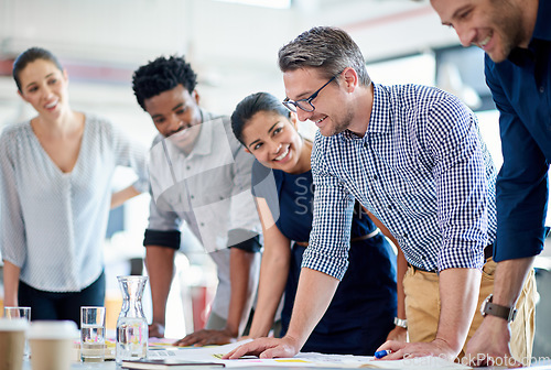 Image of Team, creative and staff in a meeting, cooperation and planning with ideas, discussion and collaboration. Male person, leader and happy group with partnership, support and solidarity with innovation