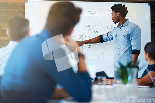 Image of Planning, businessman with graph and with colleagues in a meeting room of their workplace. Data review or results, coaching or training at workshop and coworkers working together in a conference room