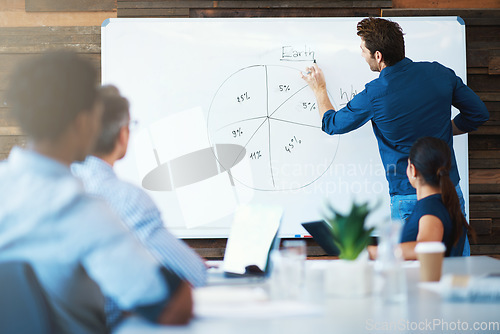 Image of Data review, businessman with a graph on a whiteboard and in boardroom of his workplace with colleagues. Collaboration or teamwork, planning or results and coworkers together at a workshop at work