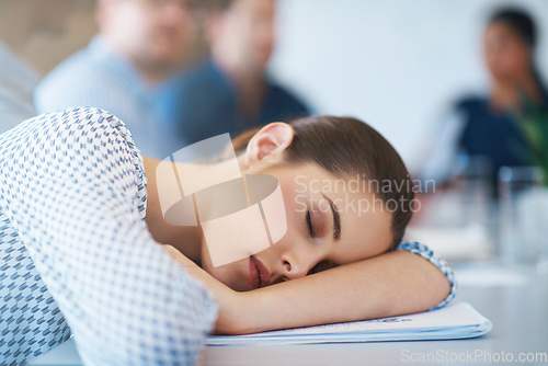 Image of Business meeting, sleep and woman tired, fatigue and exhausted after overtime, corporate work or project deadline. Dream, insomnia and sleeping person with mental health problem, crisis or burnout