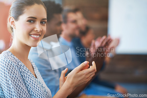 Image of Portrait, crowd applause and happy woman, corporate board or crowd at business presentation, event or tradeshow. Success, celebrate or row of people clapping for speaker, praise or support motivation