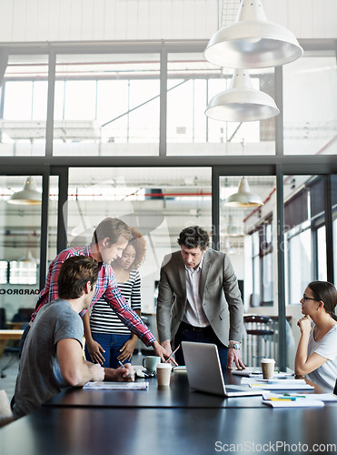 Image of Boardroom, people and meeting or working in the office, company teamwork or workplace collaboration. Group, brainstorming and business planning of diversity workers in conversation with manager