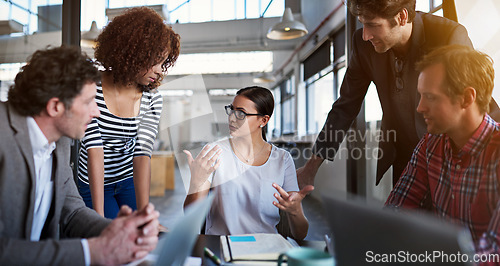 Image of Business people, staff and group in a meeting, collaboration and partnership with a project or team. Coworkers, men and women share ideas, schedule and planning with support, solidarity and teamwork