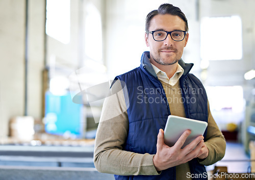 Image of Tablet, manager and portrait of man in factory for manufacturing, networking and inventory. Distribution, industrial and technology with male employee in warehouse for inspection, export and storage