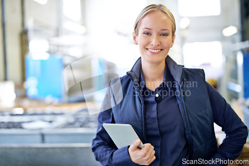 Image of Tablet, smile and portrait of woman in factory for manufacturing, networking and inventory. Distribution, industrial and technology with female employee in warehouse for inspection, export or storage