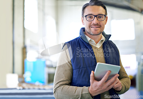 Image of Tablet, delivery and portrait of man in factory for manufacturing, networking and inventory. Distribution, industrial and technology with male employee in warehouse for inspection, export and storage