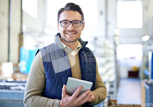 Image of Tablet, smile and portrait of man in factory for manufacturing, networking and inventory. Distribution, industrial and technology with male employee in warehouse for inspection, export and storage