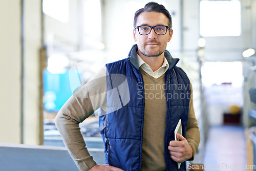 Image of Delivery, manager and portrait of man in factory for manufacturing, networking and inventory. Distribution, industrial and technology with male employee in warehouse for inspection, export or storage