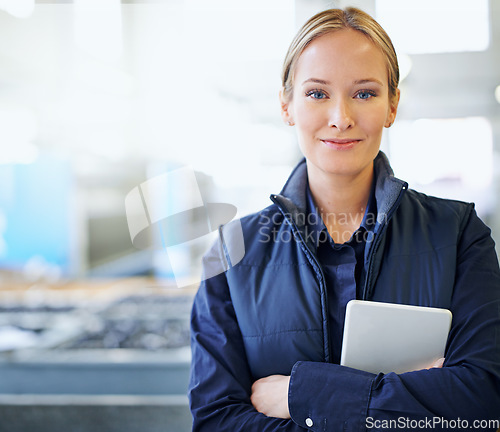 Image of Tablet, manager and portrait of woman in factory for manufacturing, networking and inventory. Distribution, industrial and technology with employee in warehouse for inspection, export and storage