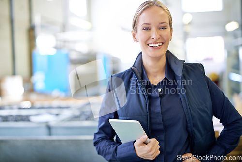 Image of Tablet, delivery and portrait of woman in factory for manufacturing, networking and inventory. Distribution, industrial and technology with employee in warehouse for inspection, export and storage