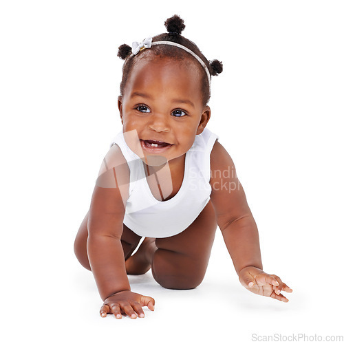 Image of Smile, crawl and African girl baby isolated on white background with playful happiness and growth. Learning, playing and development, happy face of black child crawling on floor on studio backdrop.