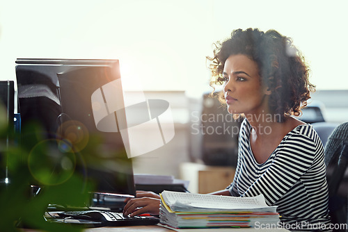 Image of Computer, thinking and business woman in office for research, creative and planning. Focus, professional and technology with female employee on digital agency for startup, email and website designer