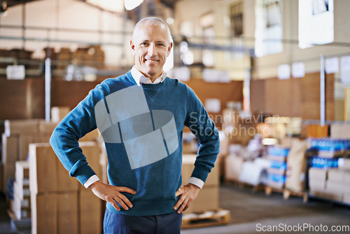 Image of Manager, smile and portrait of man in warehouse for cargo, storage and shipping. Distribution, ecommerce and logistics with employee in factory plant for supply chain, package or wholesale supplier