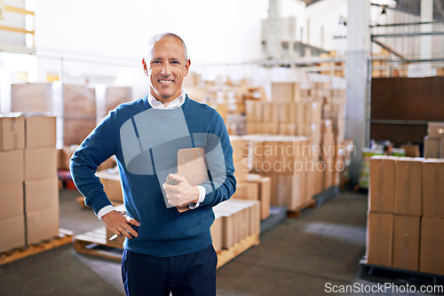 Image of Checklist, happy and portrait of man in warehouse for cargo, storage and shipping. Distribution, ecommerce and logistics with employee in factory plant for supply chain, package or wholesale supplier