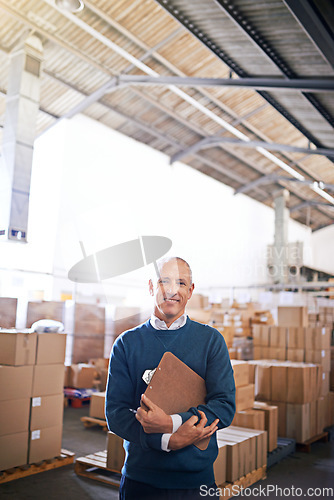 Image of Manager, smile and portrait of man in warehouse for cargo, storage and shipping. Distribution, ecommerce and logistics with employee in factory plant for supply chain, package or wholesale supplier